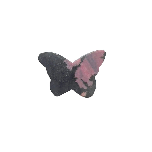 Pink rhodonite butterfly carving showing natural veining patterns and polished surface