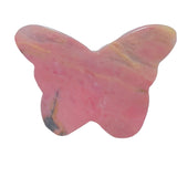 Top view of polished rhodonite butterfly crystal carving showing detailed patterns