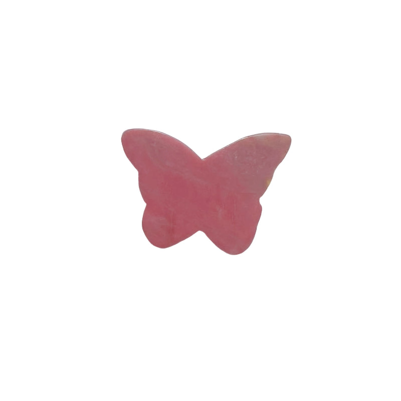 Front view of pink rhodonite butterfly carving showing natural stone patterns