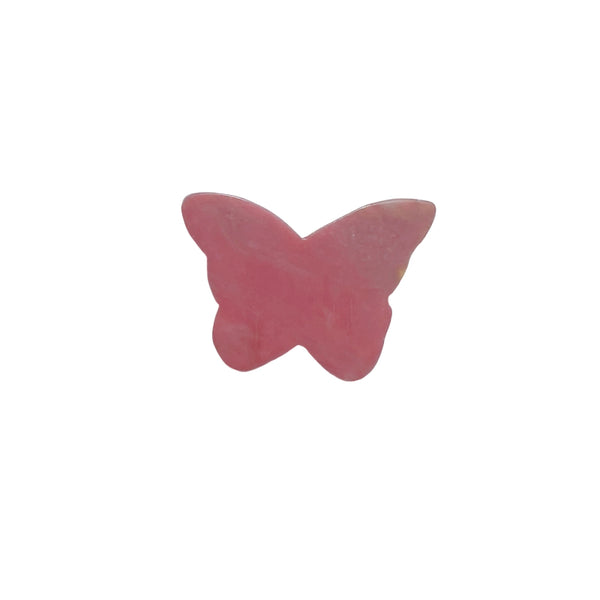 Front view of pink rhodonite butterfly carving showing natural stone patterns