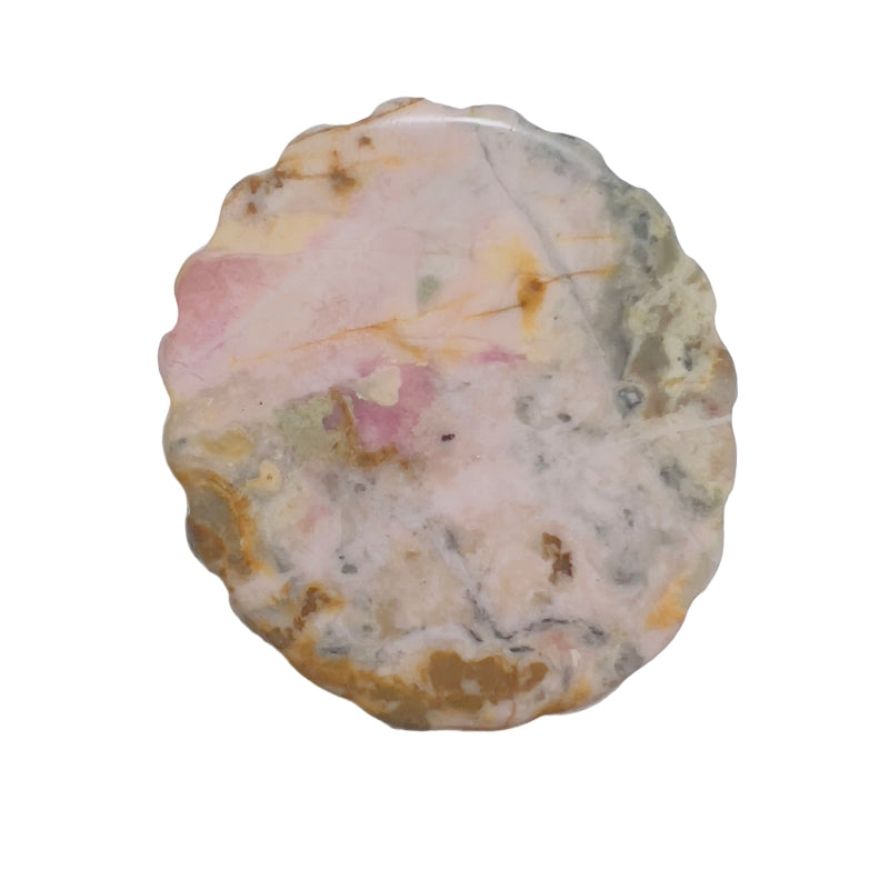 Pink Rhodonite Crystal Cameo Held in Palm Showing Scale and Size