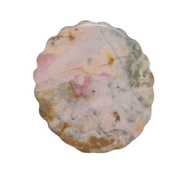 Pink Rhodonite Crystal Cameo Held in Palm Showing Scale and Size