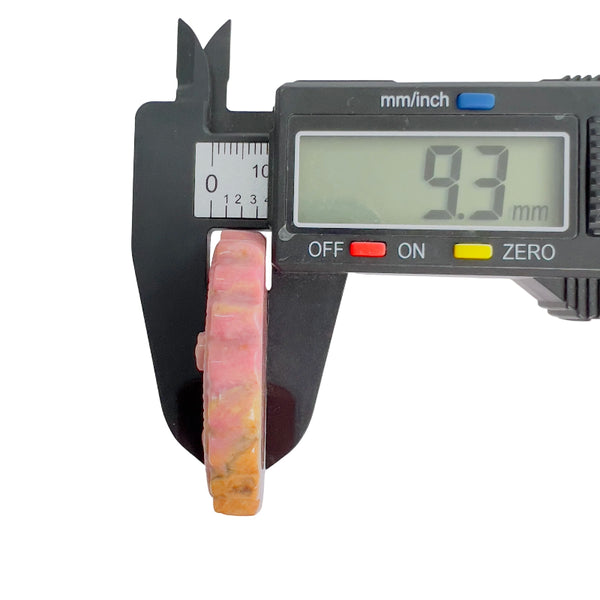 Pink Rhodonite Crystal Cameo Thickness Measurement with Digital Caliper