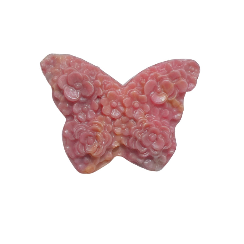 Side Angle of Pink Rhodonite Crystal Butterfly Showing Natural Stone Formation and Carving Detail