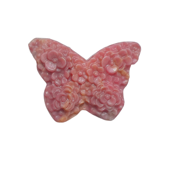 Side Angle of Pink Rhodonite Crystal Butterfly Showing Natural Stone Formation and Carving Detail