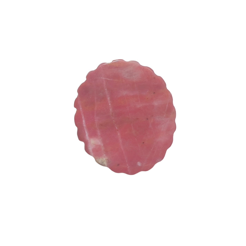 Pink rhodonite crystal magical girl medallion side profile showing natural patterns