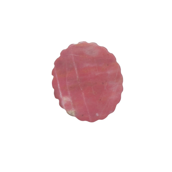 Pink rhodonite crystal magical girl medallion side profile showing natural patterns