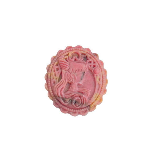 Side View of Pink Rhodonite Crystal with Magical Girl Carving