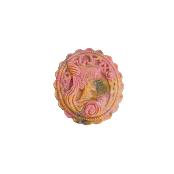  Natural pink Rhodonite crystal carved magical girl pendant with detailed design for healing and spiritual growth