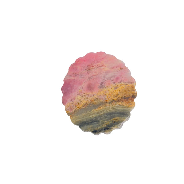 Rhodonite crystal cabochon measurement showing diameter of natural pink healing stone
