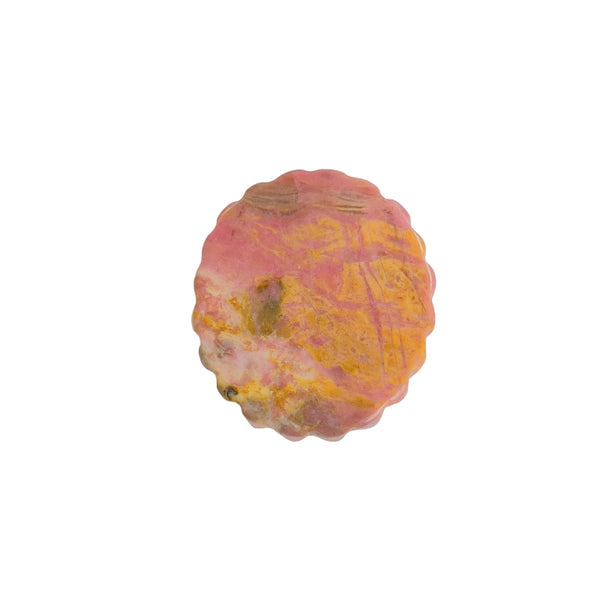 Back view of pink and yellow Rhodonite carved pendant showing natural stone patterns
