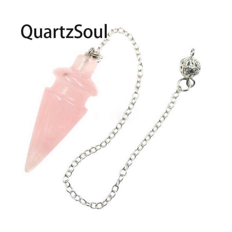 Pink Rose Quartz Crystal Pendulum for Healing with Silver Chain