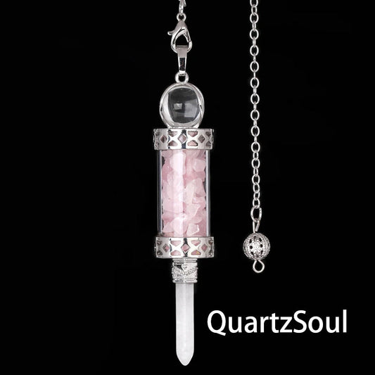 Rose Quartz crystal pendulum with gemstone fragments in clear chamber