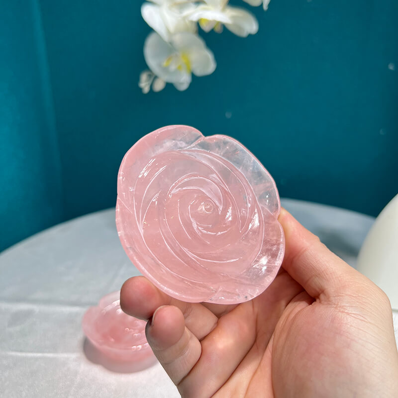 Natural Rose Quartz Crystal Flower Front View Showing Pink Hues