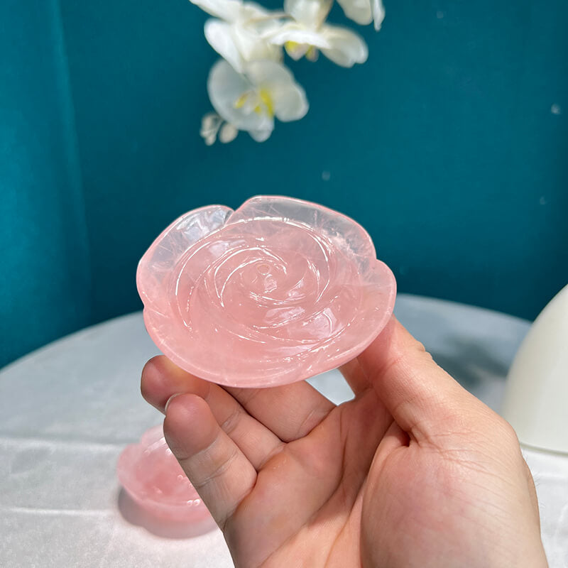 Side Angle of Hand-Carved Rose Quartz Gemstone Flower