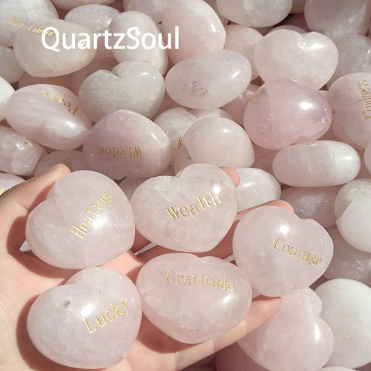 Wholesale rose quartz heart crystals with inspirational gold engravings