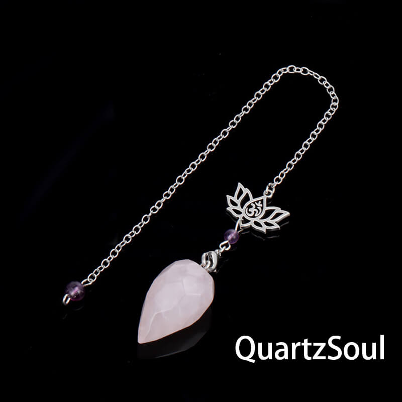 Rose quartz crystal pendulum with lotus charm for love and emotional healing