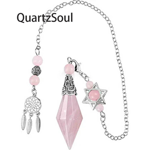 Rose Quartz Crystal Pendulum for Dowsing with Hexagram Charm