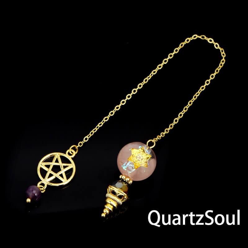 Rose quartz crystal pendulum with pentagram charm for love divination