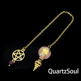 Rose quartz crystal pendulum with pentagram charm for love divination