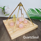 Wooden base crystal display stand with brass pyramid and sacred geometry pattern