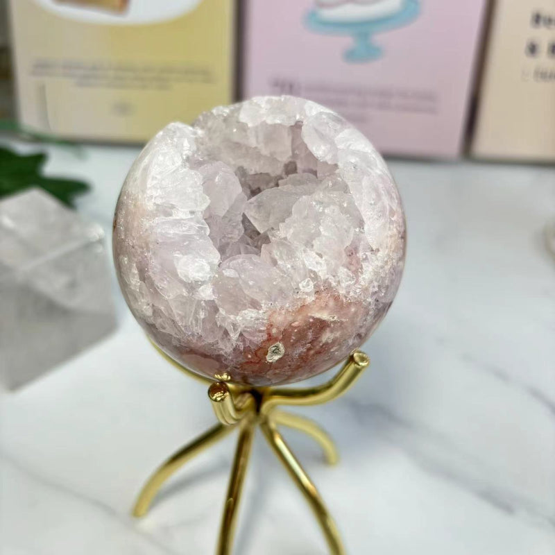 Close-up of Druzy Sakura Agate Crystal Ball Floral Pattern