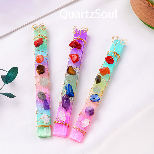 Handcrafted selenite crystal electroplated plaster rod with healing properties and vibrant colors