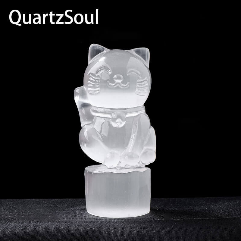 Detailed Selenite Crystal Lucky Cat Side View