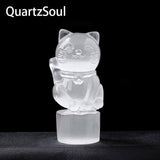 Detailed Selenite Crystal Lucky Cat Side View