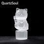 Detailed Selenite Crystal Lucky Cat Side View