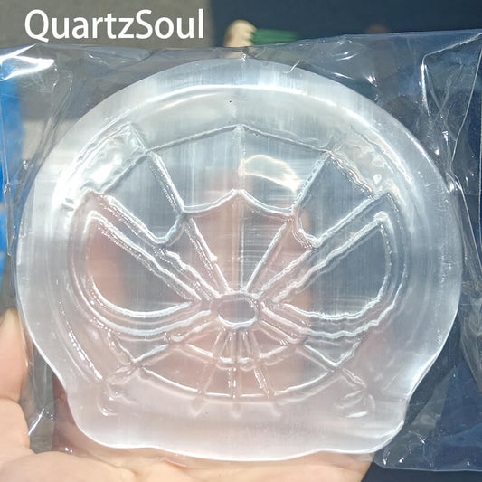 Premium selenite crystal with intricate spider web carving for wholesale