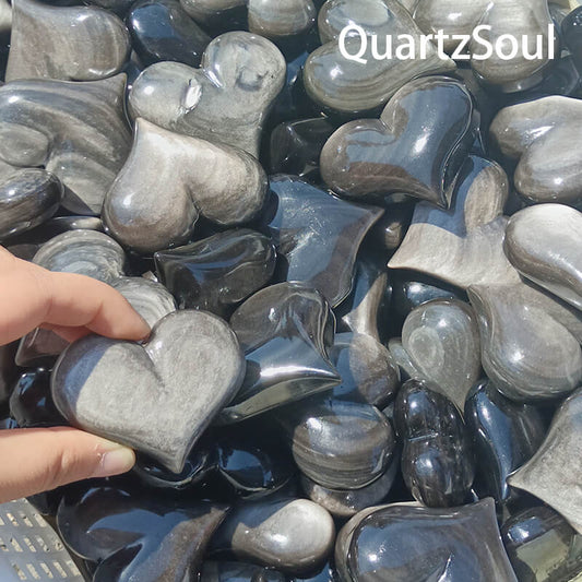 Heart shaped Silver Obsidian crystals for wholesale bulk purchase