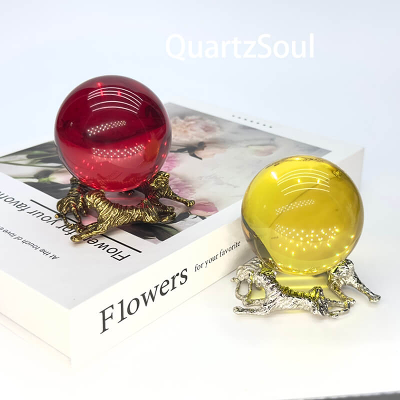 Elegant Tiger Design Crystal Ball Stand with Red and Yellow Crystal Spheres