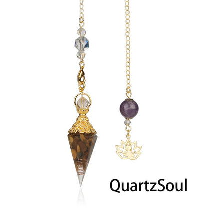 Tiger eye crystal pendulum with spiritual lotus charm