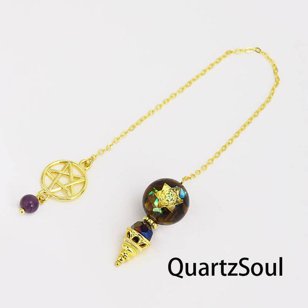 Tiger eye crystal pendulum with pentagram charm for protection divination