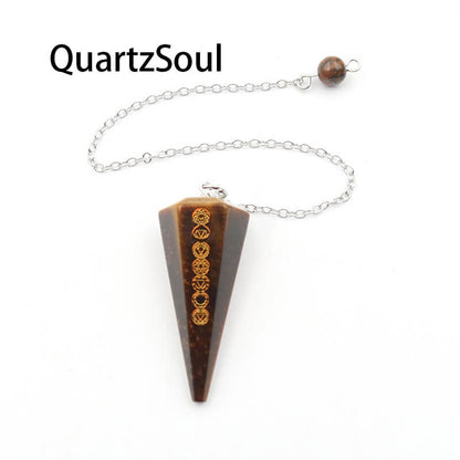 Tiger's Eye Crystal Pendulum with Chakra Symbols for Protection and Clarity