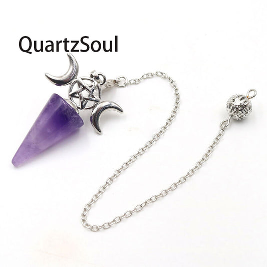 Amethyst crystal pendulum with pentagram and moon charms for spiritual divination