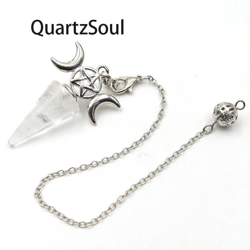 Clear quartz crystal pendulum with pentagram and crescent moon charms