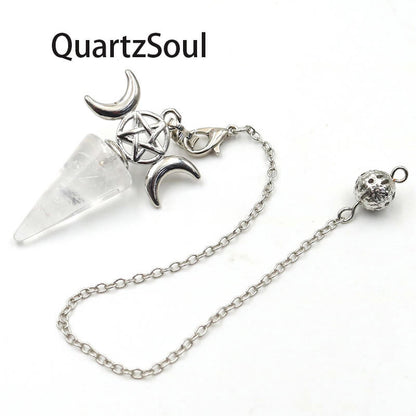Clear quartz crystal pendulum with pentagram and crescent moon charms