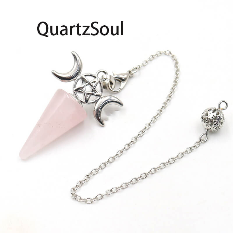 Rose quartz crystal pendulum with silver pentagram and moon symbols for dowsing