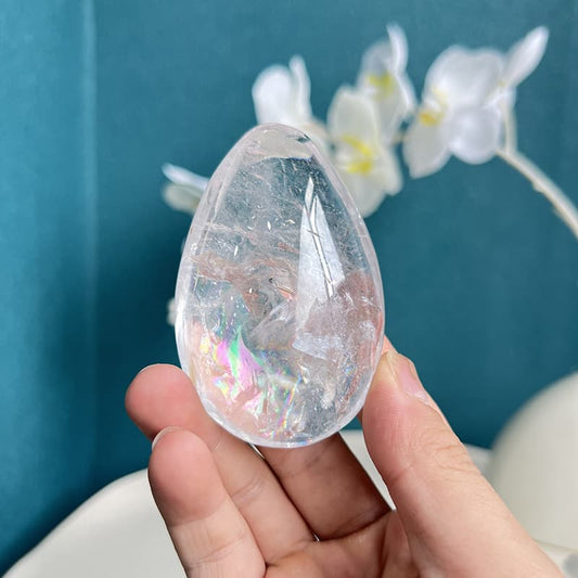 Natural White Smoky Quartz Crystal Egg Free Form with Rainbow Inclusions
