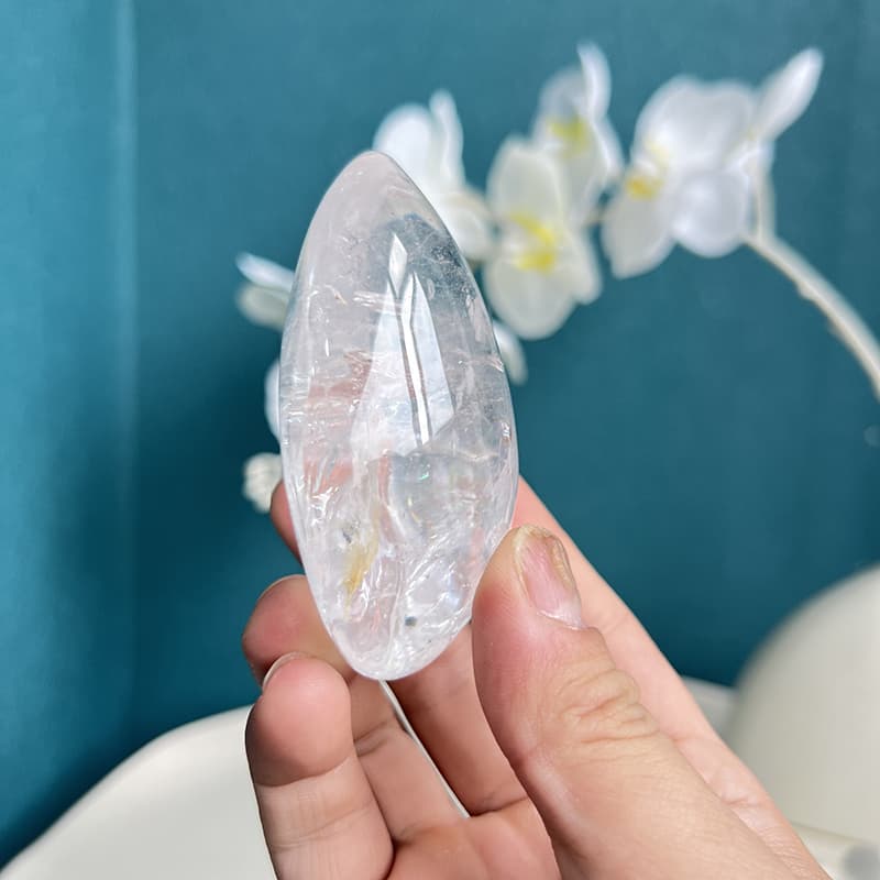 White Smoky Quartz Crystal Egg with Internal Rainbow Light Reflections