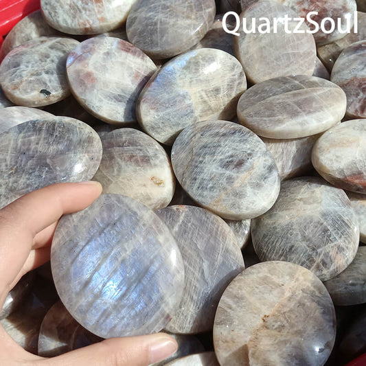  Premium wholesale Moonstone palm stones with blue flash adularescence for crystal shops