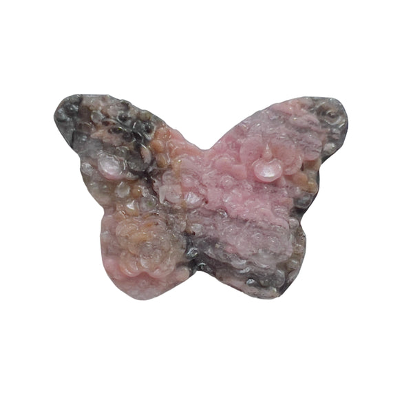 Collection of wholesale rhodonite butterfly carvings showing variety of patterns