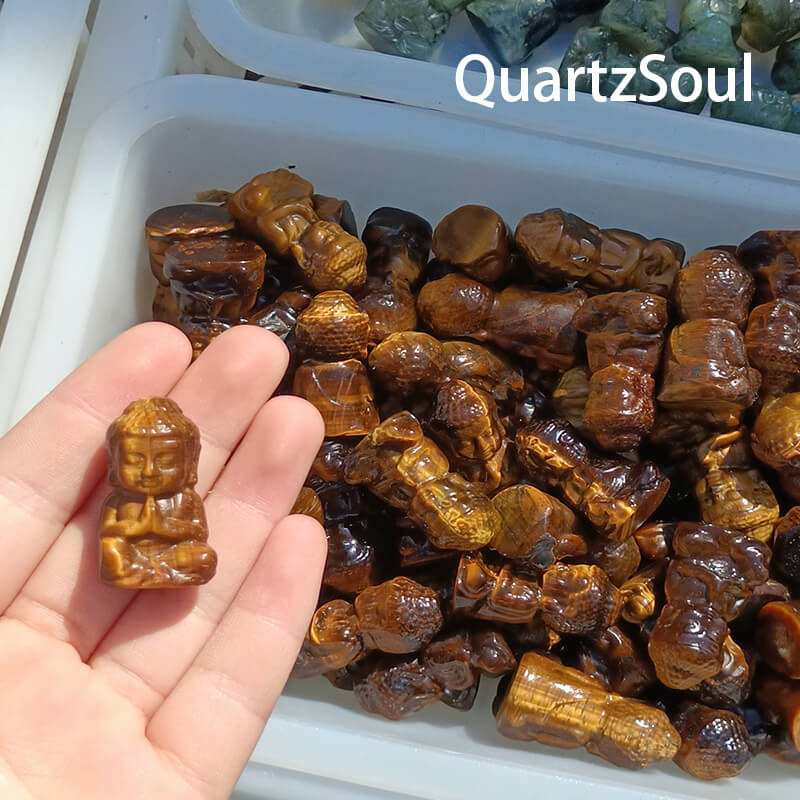 Natural Tiger's Eye Buddha crystal carving wholesale with collection display