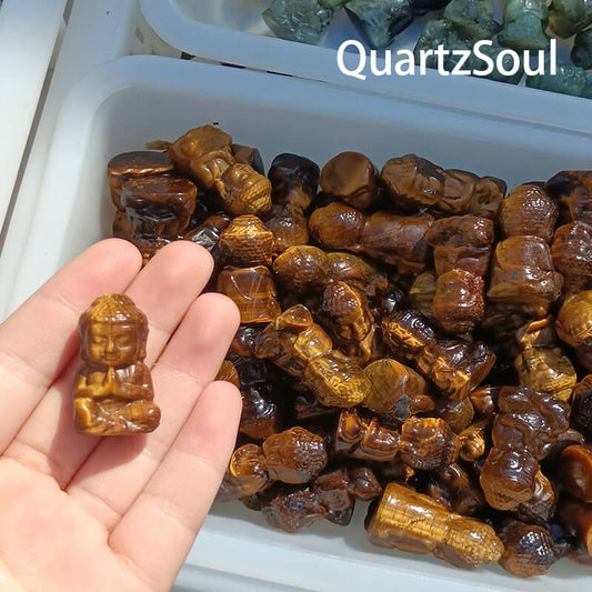 Natural Tiger's Eye Buddha crystal carving wholesale with collection display