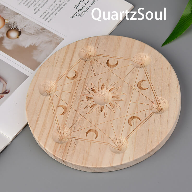 Wooden Crystal Ball Stand with Sun Moon Sacred Geometry