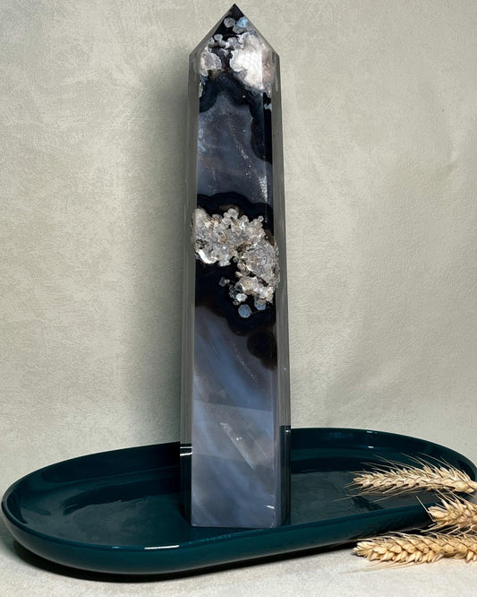 Premium Black Flower Agate Tower Crystal Point with White Banding Pattern