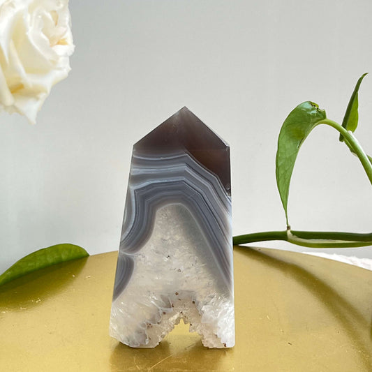 Natural blue banded agate with sparkling druzy quartz crystal formation