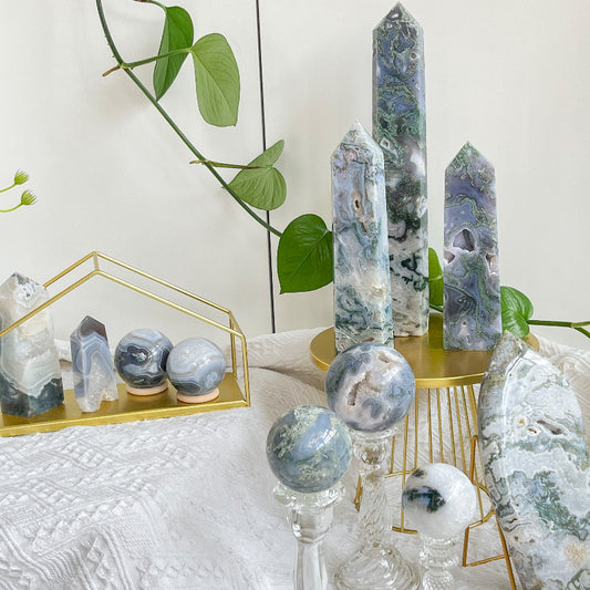 Natural Blue Moss Agate crystal with garden-like inclusions for healing and abundance